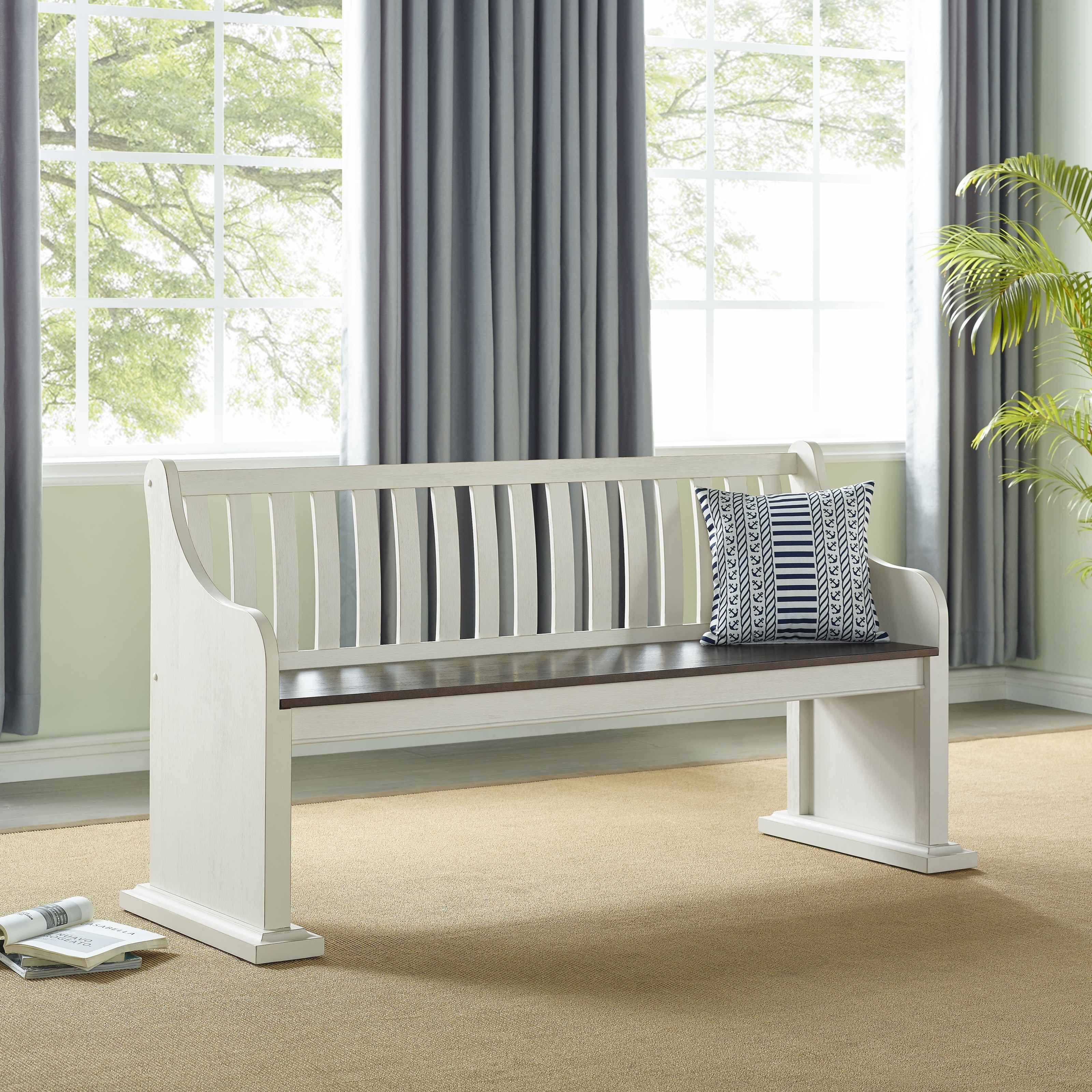 White farmhouse cheap bench with back